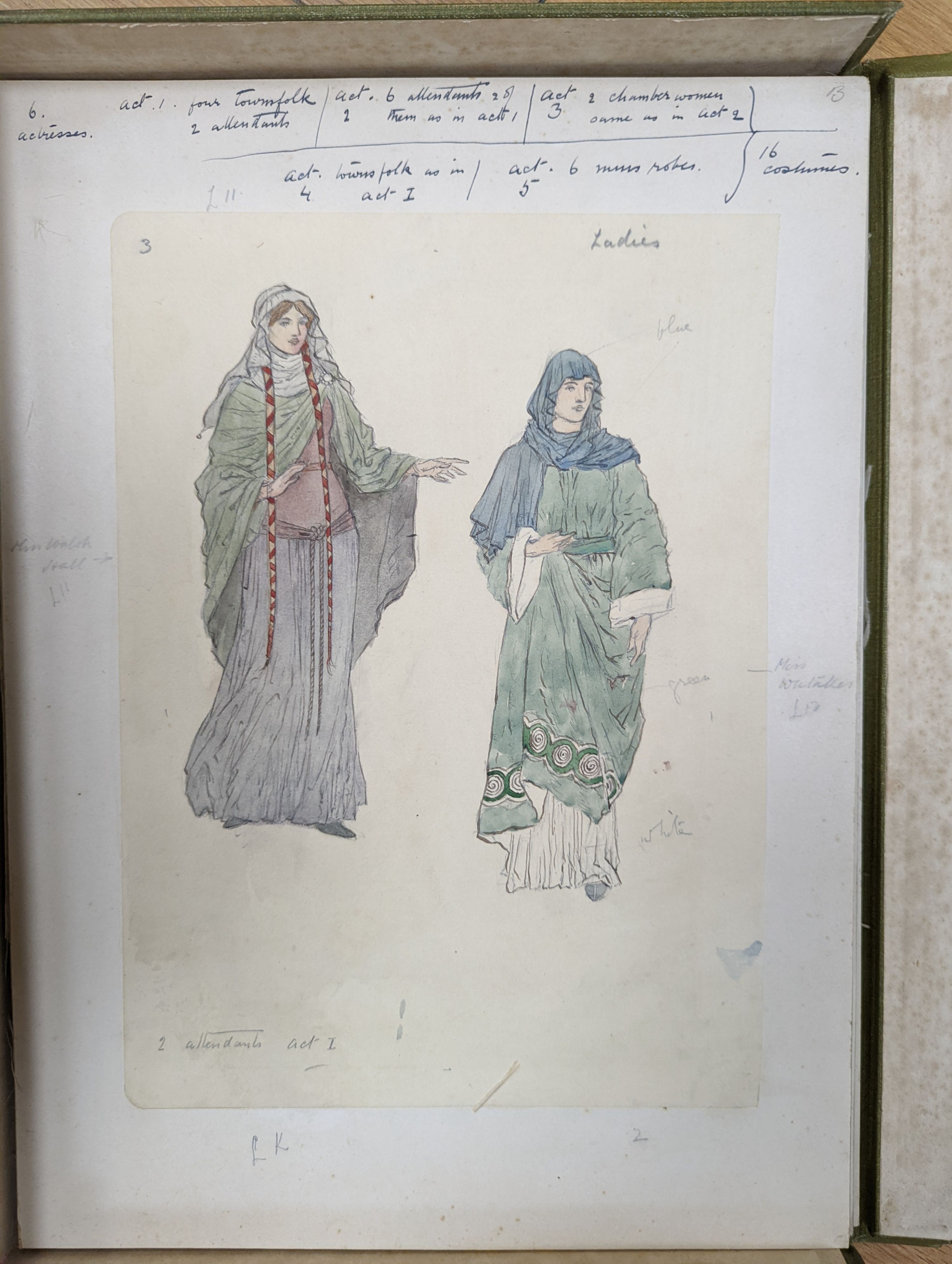 A folio of watercolour and pencil costume designs for Ibsens 'The Pretenders', 1915 at The New Theatre, Oxford', annotated, largest 28 x 20cm, sold with a copy of the original programme